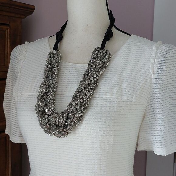 Chico's Chunky Braided Silver Tone Mesh Chains and Rhinestones Strands Necklace - Picture 2 of 7